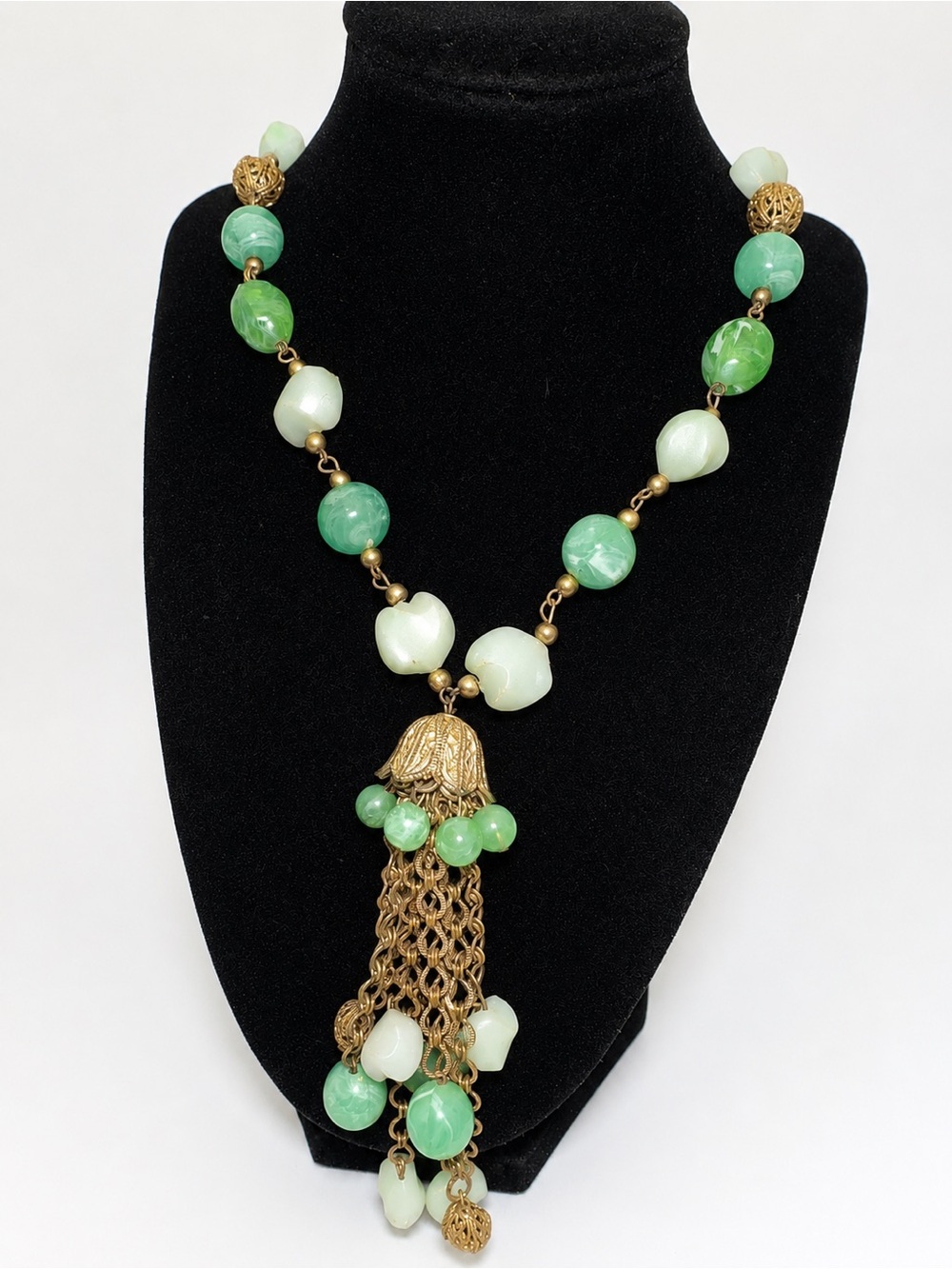 Vintage Czech Style Uranium Glass Tassel Necklace Art Deco